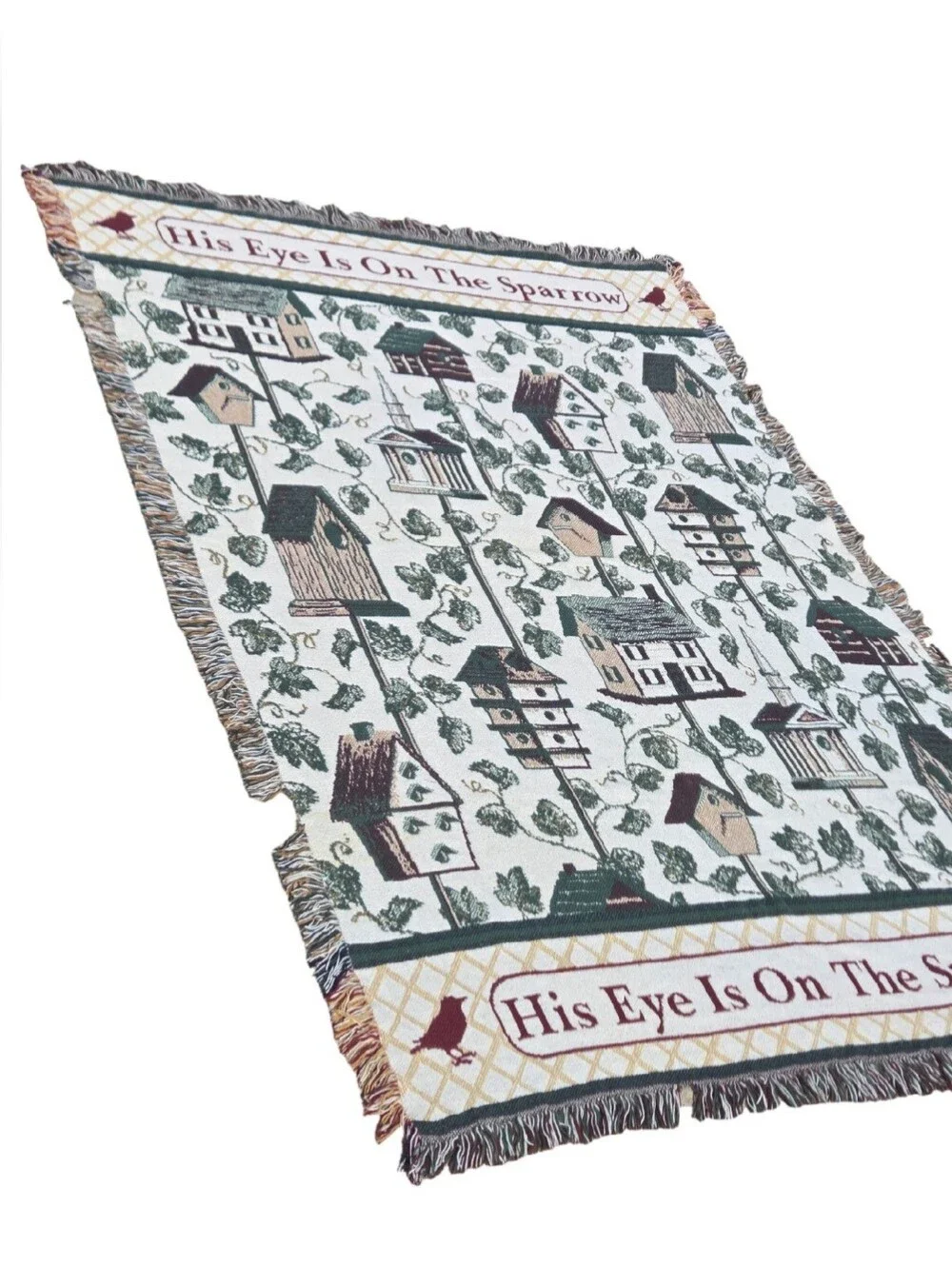 Vintage Christian Throw Blanket His Eye Is On The Sparrow Birdhouse Tapestry 90s